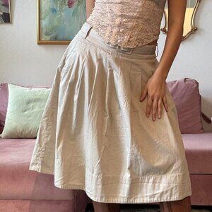 Beige Pleated Midi Skirt with Belt